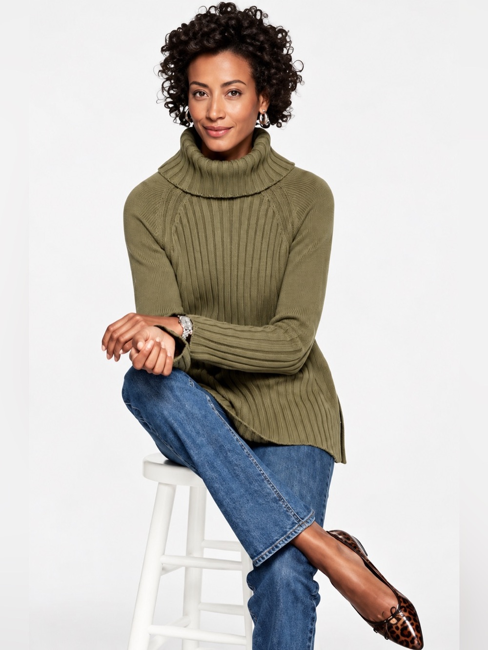 Talbots Ribbed Turtleneck Tunic Sweater Olive Green XL